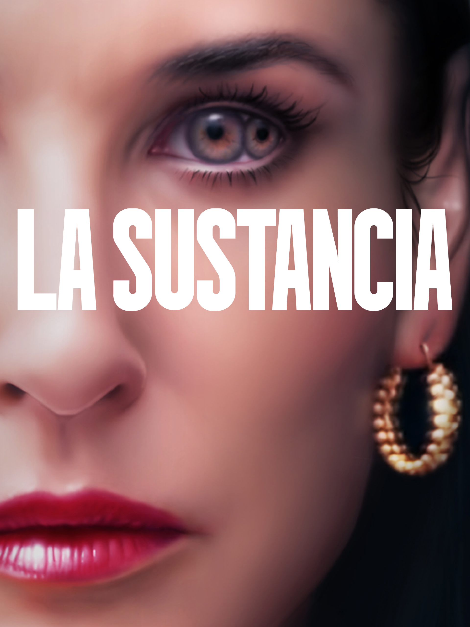 Póster de La Sustancia, con la cara de Demi Moore y dos pupilas en su ojo.